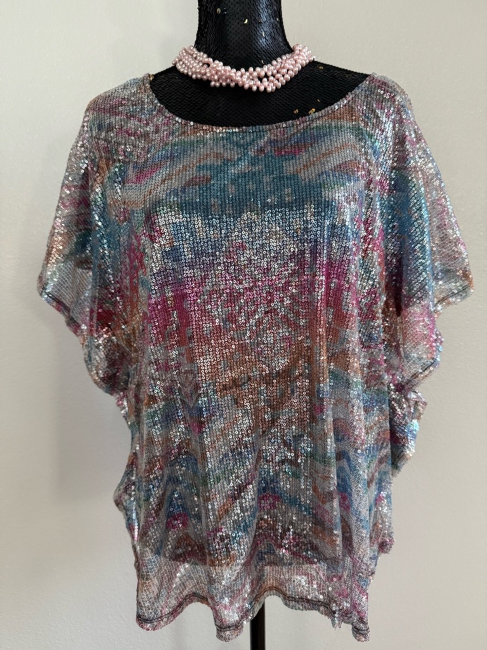 Bongo Vintage Y2K Multicolor Sequin Mesh Pullover Dolman Sleeve Top Size 2X